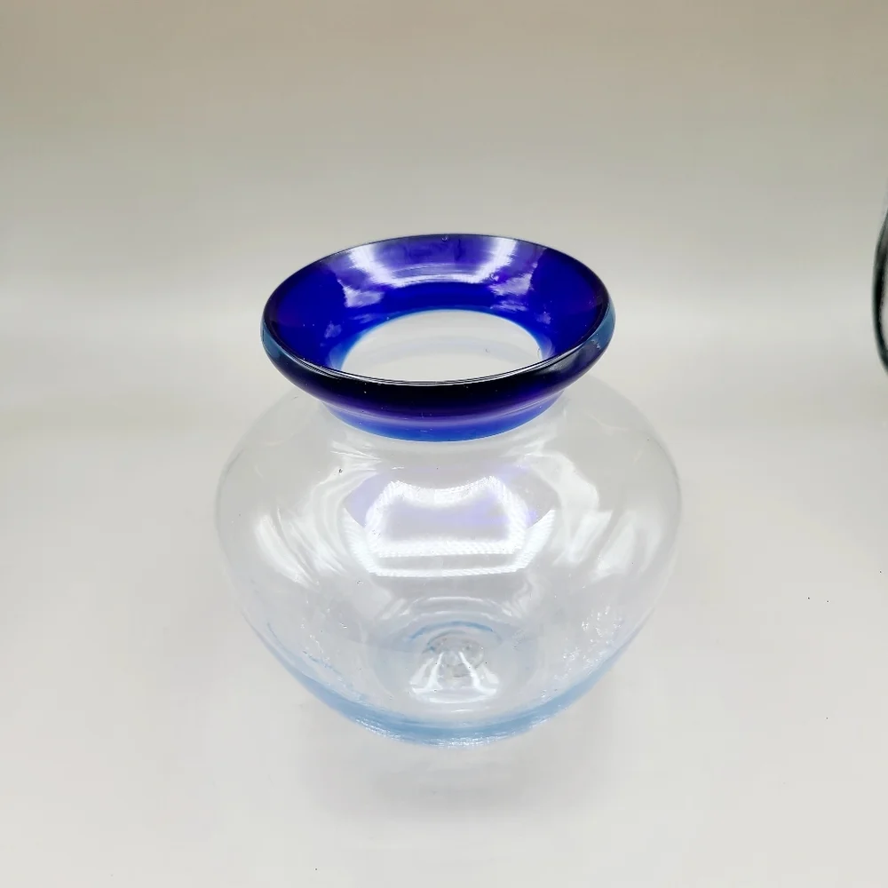 Clear Glass Vase with Cobalt Blue Rim & Handblown Crackled Bottom